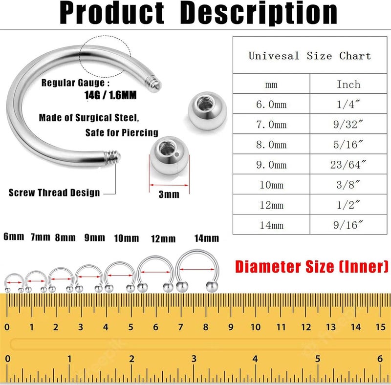 Earmark 7Pairs 6/7/8/9/10/12/14MM Surgical Steel Horseshoe Small Septum Rings Smiley Piercing Jewelry Circular Curved Barbell Piercing Hoops Set for Nose Nipple Nostril Cartilage Helix Daith Tragus Lip Eyebrow - Image 2